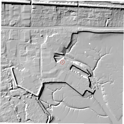 Shaded relief map of the ground around PO64PX, computed from Environment Agency LiDAR. The ground here sits at about 3 m above sea level and falls 13 m across the surrounding 800 m. Surface water reaching this point runs off ground lying to the south-west, 4.1 m higher.