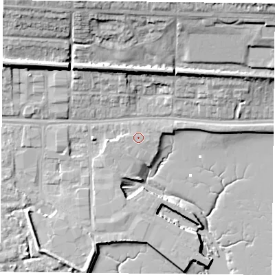 Shaded relief map of the ground around PO64PY, computed from Environment Agency LiDAR. The ground here sits at about 3 m above sea level and falls 22 m across the surrounding 800 m. The ground contributing surface water to this point lies to the west.