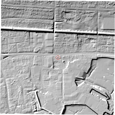 Shaded relief map of the ground around PO64PZ, computed from Environment Agency LiDAR. The ground here sits at about 3 m above sea level and falls 21 m across the surrounding 800 m. Surface water reaching this point runs off ground lying to the north, 16.8 m higher.