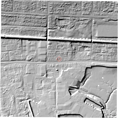 Shaded relief map of the ground around PO64QD, computed from Environment Agency LiDAR. The ground here sits at about 3 m above sea level and falls 24 m across the surrounding 800 m. Surface water reaching this point runs off ground lying to the north-east, 19.4 m higher.