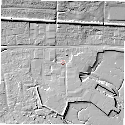 Shaded relief map of the ground around PO64QE, computed from Environment Agency LiDAR. The ground here sits at about 2 m above sea level and falls 17 m across the surrounding 800 m. Surface water reaching this point runs off ground lying to the north, 13.6 m higher.
