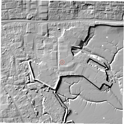 Shaded relief map of the ground around PO64QG, computed from Environment Agency LiDAR. The ground here sits at about 3 m above sea level and falls 10 m across the surrounding 800 m. Surface water reaching this point runs off ground lying to the south-east, 0.8 m higher.
