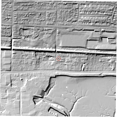 Shaded relief map of the ground around PO64RG, computed from Environment Agency LiDAR. The ground here sits at about 5 m above sea level and falls 31 m across the surrounding 800 m. Surface water reaching this point runs off ground lying to the north-east, 23.5 m higher.