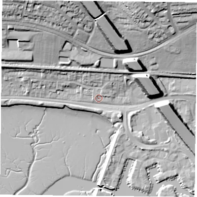 Shaded relief map of the ground around PO64RX, computed from Environment Agency LiDAR. The ground here sits at about 4 m above sea level and falls 30 m across the surrounding 800 m. Surface water reaching this point runs off ground lying to the north, 25.3 m higher.