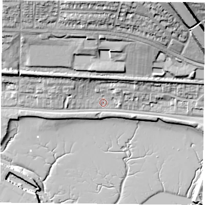 Shaded relief map of the ground around PO64RY, computed from Environment Agency LiDAR. The ground here sits at about 3 m above sea level and falls 32 m across the surrounding 800 m. Surface water reaching this point runs off ground lying to the north, 6.7 m higher.