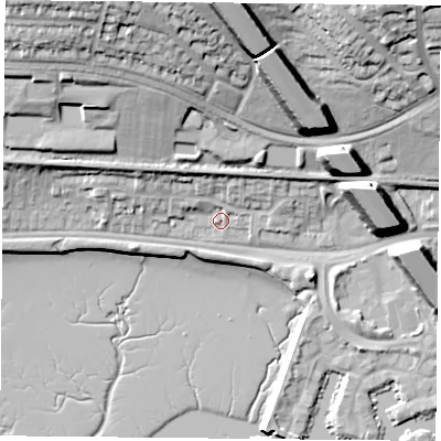 Shaded relief map of the ground around PO64SD, computed from Environment Agency LiDAR. The ground here sits at about 4 m above sea level and falls 32 m across the surrounding 800 m. Surface water reaching this point runs off ground lying to the north-west, 4.4 m higher.