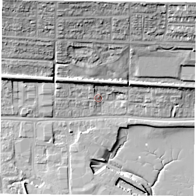 Shaded relief map of the ground around PO64SN, computed from Environment Agency LiDAR. The ground here sits at about 5 m above sea level and falls 29 m across the surrounding 800 m. Surface water reaching this point runs off ground lying to the north-north-west, 6.2 m higher.