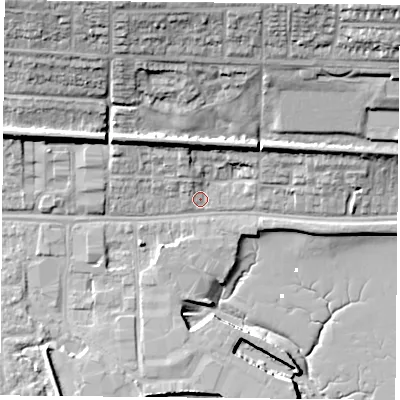 Shaded relief map of the ground around PO64SP, computed from Environment Agency LiDAR. The ground here sits at about 3 m above sea level and falls 26 m across the surrounding 800 m. Surface water reaching this point runs off ground lying to the north-east, 21.9 m higher.