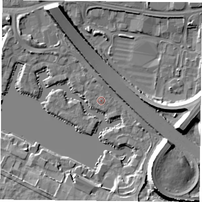 Shaded relief map of the ground around PO64SS, computed from Environment Agency LiDAR. The ground here sits at about 3 m above sea level and falls 14 m across the surrounding 800 m. Surface water reaching this point runs off ground lying to the north, 0.8 m higher.