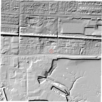 Shaded relief map of the ground around PO64SW, computed from Environment Agency LiDAR. The ground here sits at about 3 m above sea level and falls 27 m across the surrounding 800 m. Surface water reaching this point runs off ground lying to the north-east, 22.3 m higher.