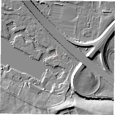Shaded relief map of the ground around PO64SX, computed from Environment Agency LiDAR. The ground here sits at about 3 m above sea level and falls 19 m across the surrounding 800 m. Surface water reaching this point runs off ground lying to the south, 12.7 m higher.
