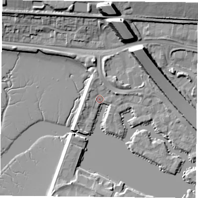 Shaded relief map of the ground around PO64SY, computed from Environment Agency LiDAR. The ground here sits at about 3 m above sea level and falls 21 m across the surrounding 800 m. Surface water reaching this point runs off ground lying to the east-north-east, 3.1 m higher.