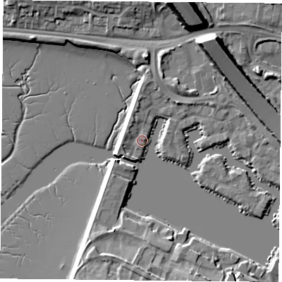 Shaded relief map of the ground around PO64SZ, computed from Environment Agency LiDAR. The ground here sits at about 3 m above sea level and falls 19 m across the surrounding 800 m. Surface water reaching this point runs off ground lying to the west-north-west, 1.4 m higher.