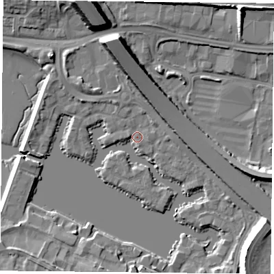 Shaded relief map of the ground around PO64TD, computed from Environment Agency LiDAR. The ground here sits at about 3 m above sea level and falls 19 m across the surrounding 800 m. Surface water reaching this point runs off ground lying to the east, 0.9 m higher.