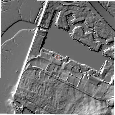 Shaded relief map of the ground around PO64TH, computed from Environment Agency LiDAR. The ground here sits at about 3 m above sea level and falls 18 m across the surrounding 800 m. Surface water reaching this point runs off ground lying to the south-west, 4.1 m higher.