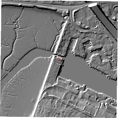 Shaded relief map of the ground around PO64TJ, computed from Environment Agency LiDAR. The ground here sits at about 4 m above sea level and falls 15 m across the surrounding 800 m. Surface water reaching this point runs off ground lying to the west-north-west, 2.4 m higher.