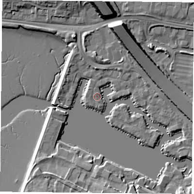 Shaded relief map of the ground around PO64TL, computed from Environment Agency LiDAR. The ground here sits at about 3 m above sea level and falls 19 m across the surrounding 800 m. Surface water reaching this point runs off ground lying to the south, 6.8 m higher.