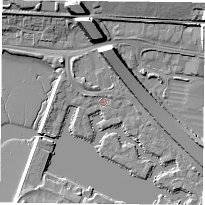 Shaded relief map of the ground around PO64TN, computed from Environment Agency LiDAR. The ground here sits at about 3 m above sea level and falls 21 m across the surrounding 800 m. Surface water reaching this point runs off ground lying to the north, 10.3 m higher.