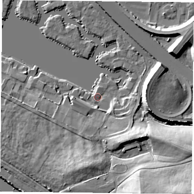Shaded relief map of the ground around PO64TP, computed from Environment Agency LiDAR. The ground here sits at about 3 m above sea level and falls 26 m across the surrounding 800 m. Surface water reaching this point runs off ground lying to the south-east, 23.9 m higher.