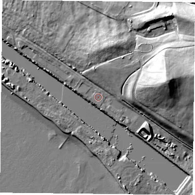 Shaded relief map of the ground around PO64TT, computed from Environment Agency LiDAR. The ground here sits at about 4 m above sea level and falls 29 m across the surrounding 800 m. Surface water reaching this point runs off ground lying to the north-north-east, 12.4 m higher.