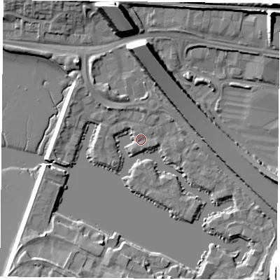 Shaded relief map of the ground around PO64TW, computed from Environment Agency LiDAR. The ground here sits at about 3 m above sea level and falls 19 m across the surrounding 800 m. Surface water reaching this point runs off ground lying to the north, 11.6 m higher.