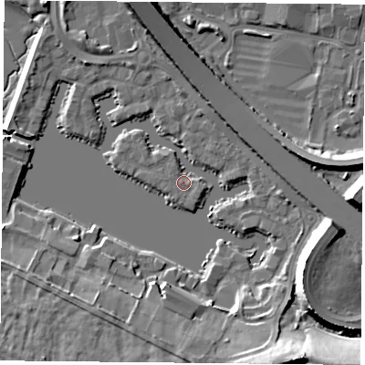 Shaded relief map of the ground around PO64UE, computed from Environment Agency LiDAR. The ground here sits at about 3 m above sea level and falls 19 m across the surrounding 800 m. Surface water reaching this point runs off ground lying to the east-south-east, 1.7 m higher.