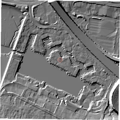 Shaded relief map of the ground around PO64UF, computed from Environment Agency LiDAR. The ground here sits at about 3 m above sea level and falls 16 m across the surrounding 800 m. Surface water reaching this point runs off ground lying to the west-north-west, 0.7 m higher.
