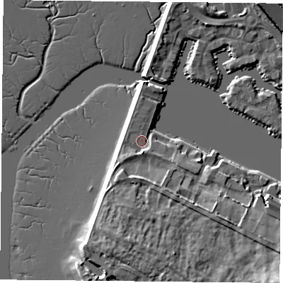 Shaded relief map of the ground around PO64UG, computed from Environment Agency LiDAR. The ground here sits at about 4 m above sea level and falls 15 m across the surrounding 800 m. Surface water reaching this point runs off ground lying to the south, 3.1 m higher.