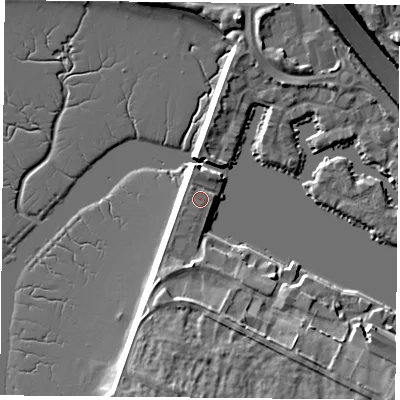Shaded relief map of the ground around PO64UZ, computed from Environment Agency LiDAR. The ground here sits at about 4 m above sea level and falls 15 m across the surrounding 800 m. Surface water reaching this point runs off ground lying to the north-west, 0.5 m higher.
