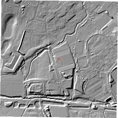 Shaded relief map of the ground around PO73DU, computed from Environment Agency LiDAR. The ground here sits at about 36 m above sea level and falls 11 m across the surrounding 800 m. The ground contributing surface water to this point lies to the north-west.
