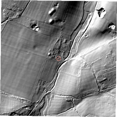 Shaded relief map of the ground around PO74QR, computed from Environment Agency LiDAR. The ground here sits at about 39 m above sea level and falls 18 m across the surrounding 800 m. Surface water reaching this point runs off ground lying to the west-north-west, 4.3 m higher.
