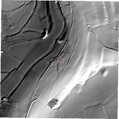 Shaded relief map of the ground around PO74QW, computed from Environment Agency LiDAR. The ground here sits at about 45 m above sea level and falls 41 m across the surrounding 800 m. Surface water reaching this point runs off ground lying to the north-west, 20.6 m higher.