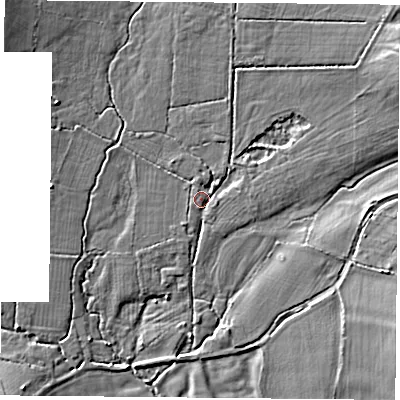 Shaded relief map of the ground around PO74QY, computed from Environment Agency LiDAR. The ground here sits at about 30 m above sea level and falls 9 m across the surrounding 800 m. Surface water reaching this point runs off ground lying to the north-east, 5.9 m higher.