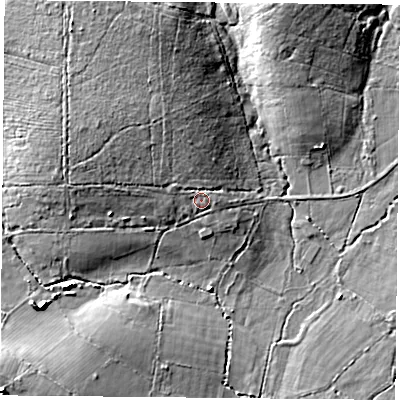 Shaded relief map of the ground around PO74RA, computed from Environment Agency LiDAR. The ground here sits at about 38 m above sea level and falls 15 m across the surrounding 800 m. Surface water reaching this point runs off ground lying to the north-east, 1.6 m higher.