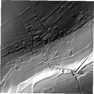 Shaded relief map of the ground around PO74RJ, computed from Environment Agency LiDAR. The ground here sits at about 55 m above sea level and falls 56 m across the surrounding 800 m. Surface water reaching this point runs off ground lying to the east-south-east, 52.5 m higher.