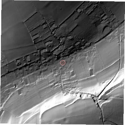 Shaded relief map of the ground around PO74RL, computed from Environment Agency LiDAR. The ground here sits at about 55 m above sea level and falls 56 m across the surrounding 800 m. Surface water reaching this point runs off ground lying to the east-south-east, 53.0 m higher.