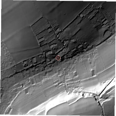 Shaded relief map of the ground around PO74RS, computed from Environment Agency LiDAR. The ground here sits at about 58 m above sea level and falls 57 m across the surrounding 800 m. Surface water reaching this point runs off ground lying to the north-north-west, 34.7 m higher.