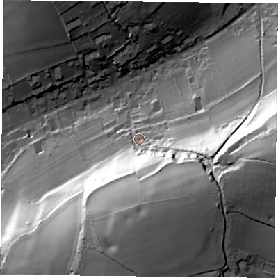 Shaded relief map of the ground around PO74RU, computed from Environment Agency LiDAR. The ground here sits at about 65 m above sea level and falls 56 m across the surrounding 800 m. Surface water reaching this point runs off ground lying to the south-south-east, 43.6 m higher.