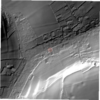 Shaded relief map of the ground around PO74RW, computed from Environment Agency LiDAR. The ground here sits at about 54 m above sea level and falls 58 m across the surrounding 800 m. Surface water reaching this point runs off ground lying to the south-east, 54.4 m higher.