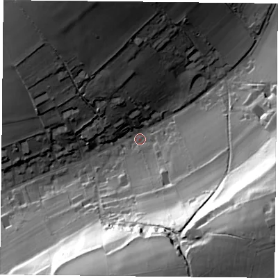 Shaded relief map of the ground around PO74RX, computed from Environment Agency LiDAR. The ground here sits at about 56 m above sea level and falls 57 m across the surrounding 800 m. Surface water reaching this point runs off ground lying to the east-south-east, 54.0 m higher.