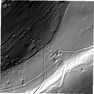 Shaded relief map of the ground around PO74SA, computed from Environment Agency LiDAR. The ground here sits at about 58 m above sea level and falls 60 m across the surrounding 800 m. Surface water reaching this point runs off ground lying to the east-south-east, 57.0 m higher.