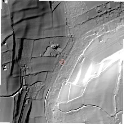 Shaded relief map of the ground around PO74SN, computed from Environment Agency LiDAR. The ground here sits at about 51 m above sea level and falls 57 m across the surrounding 800 m. Surface water reaching this point runs off ground lying to the north-west, 54.1 m higher.