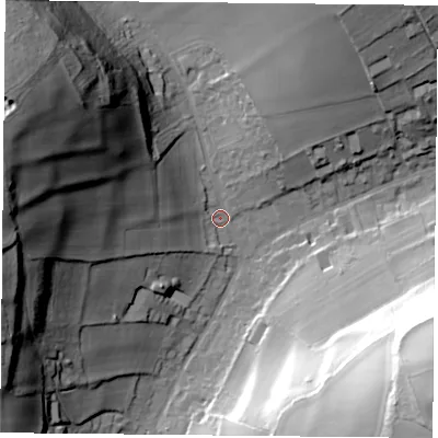 Shaded relief map of the ground around PO74SS, computed from Environment Agency LiDAR. The ground here sits at about 53 m above sea level and falls 57 m across the surrounding 800 m. Surface water reaching this point runs off ground lying to the west-north-west, 53.6 m higher.