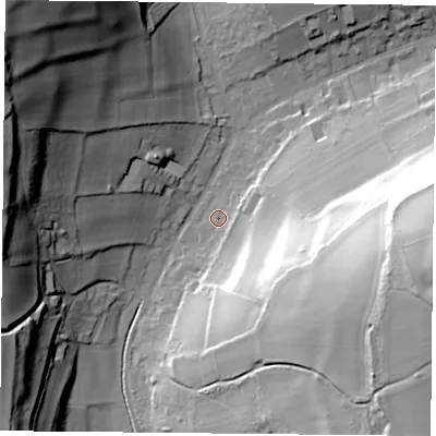 Shaded relief map of the ground around PO74SW, computed from Environment Agency LiDAR. The ground here sits at about 51 m above sea level and falls 55 m across the surrounding 800 m. Surface water reaching this point runs off ground lying to the east-south-east, 52.1 m higher.