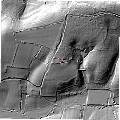 Shaded relief map of the ground around PO75SA, computed from Environment Agency LiDAR. The ground here sits at about 48 m above sea level and falls 30 m across the surrounding 800 m. Surface water reaching this point runs off ground lying to the north, 4.4 m higher.