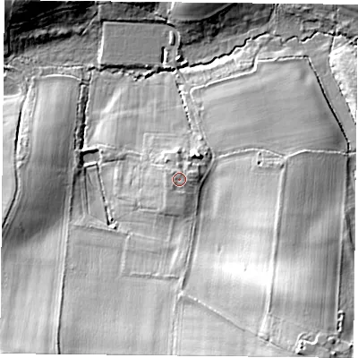 Shaded relief map of the ground around PO75SD, computed from Environment Agency LiDAR. The ground here sits at about 42 m above sea level and falls 31 m across the surrounding 800 m. Surface water reaching this point runs off ground lying to the south, 2.1 m higher.