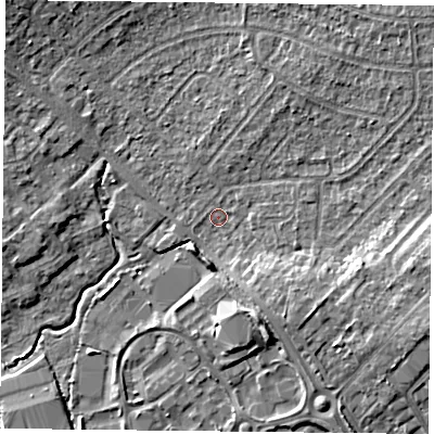 Shaded relief map of the ground around PO76AS, computed from Environment Agency LiDAR. The ground here sits at about 37 m above sea level and falls 9 m across the surrounding 800 m. Surface water reaching this point runs off ground lying to the east-south-east, 5.7 m higher.