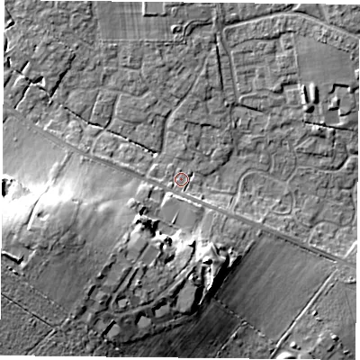 Shaded relief map of the ground around PO76DG, computed from Environment Agency LiDAR. The ground here sits at about 43 m above sea level and falls 21 m across the surrounding 800 m. Surface water reaching this point runs off ground lying to the west-south-west, 17.4 m higher.