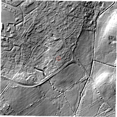 Shaded relief map of the ground around PO76HH, computed from Environment Agency LiDAR. The ground here sits at about 41 m above sea level and falls 11 m across the surrounding 800 m. Surface water reaching this point runs off ground lying to the north, 1.3 m higher.