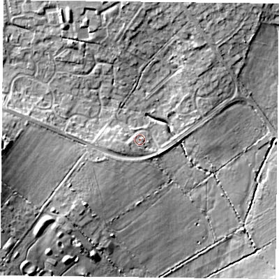 Shaded relief map of the ground around PO76HS, computed from Environment Agency LiDAR. The ground here sits at about 40 m above sea level and falls 13 m across the surrounding 800 m. Surface water reaching this point runs off ground lying to the south-west, 4.3 m higher.
